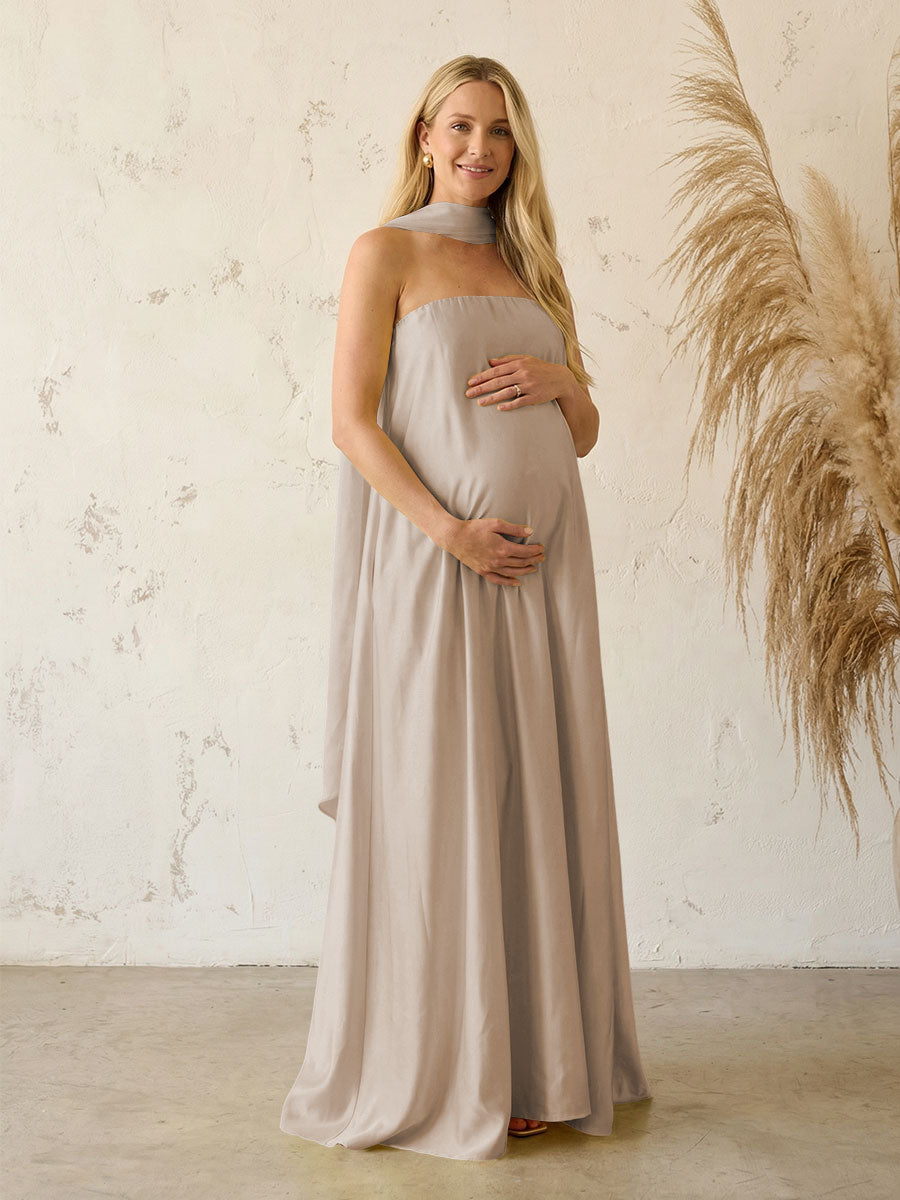 Silk Satin A Line Strapless Formal Dresses with Scarf