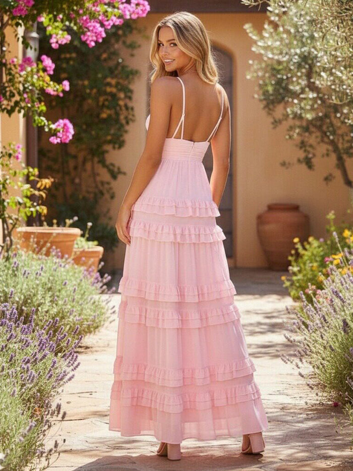 Chiffon A-Line V Neck Tiered Bridesmaid Dresses