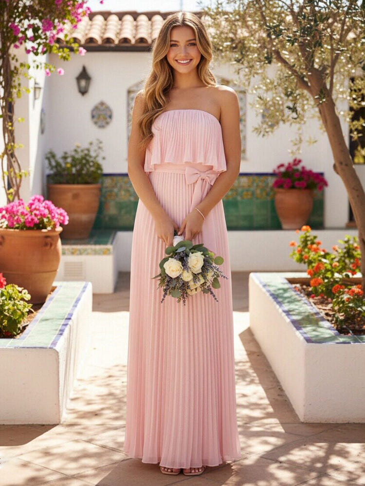 2026 Blush Pink Bridesmaid Dresses Chiffon A-Line Strapless Pleated Floor-Length Evening Formal Dresses with Bow Sash