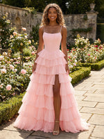 Chiffon Ball Gown Spaghetti Straps Tiered Bridesmaid Dresses