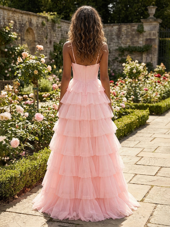 Chiffon Ball Gown Spaghetti Straps Tiered Bridesmaid Dresses