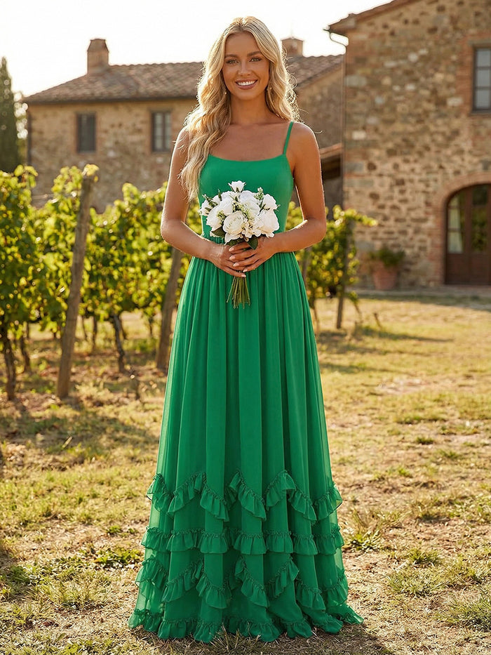 Chiffon A-Line Spaghetti Straps Tiered Bridesmaid Dresses
