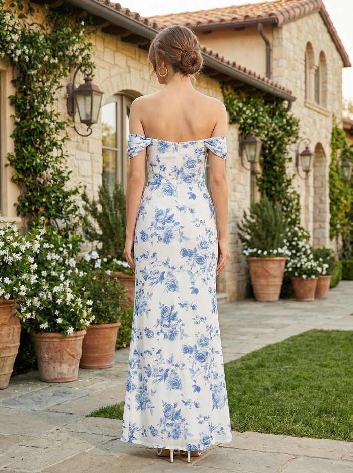 Chiffon Sheath Off the Shoulder Floral Print Bridesmaid Dresses