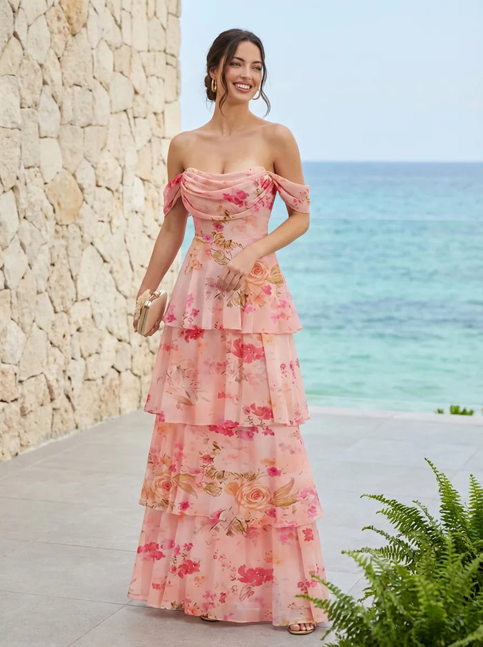 Chiffon A-Line Off the Shoulder Floral Print Bridesmaid Dresses