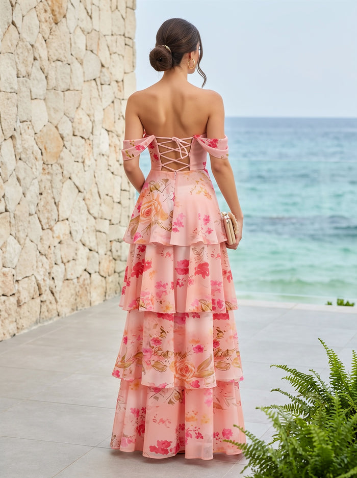 Chiffon A-Line Off the Shoulder Floral Print Bridesmaid Dresses