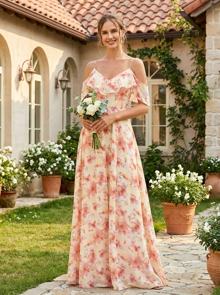 Chiffon A-Line Spaghetti Straps Floral Print Bridesmaid Dresses
