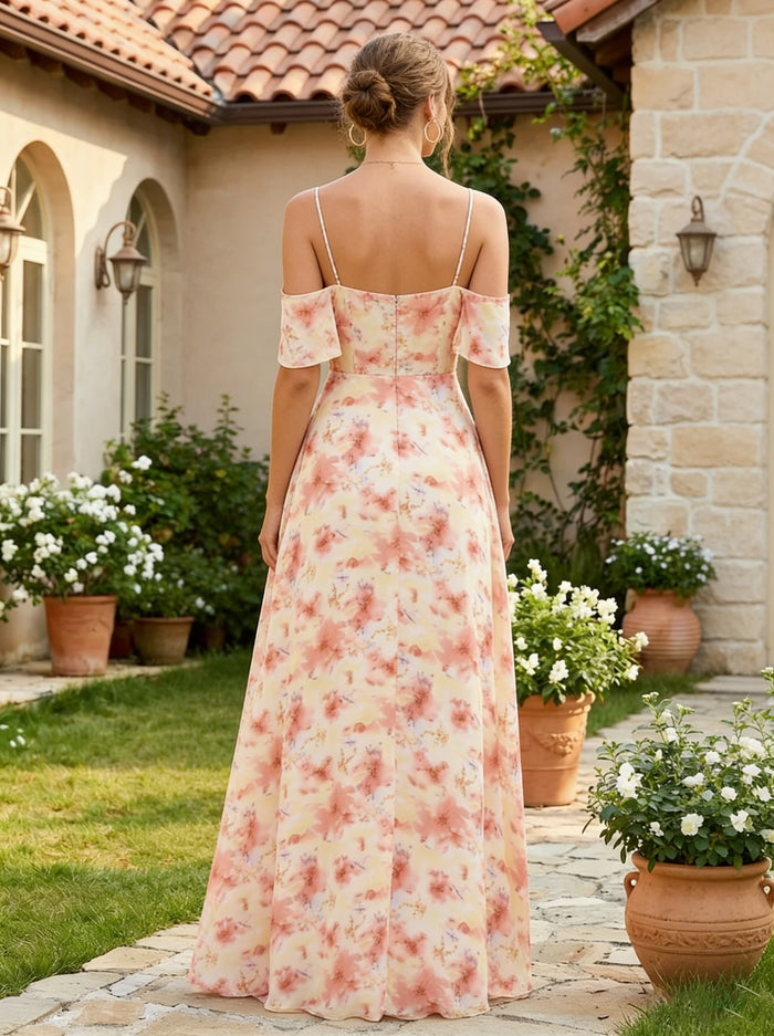 Chiffon A-Line Spaghetti Straps Floral Print Bridesmaid Dresses