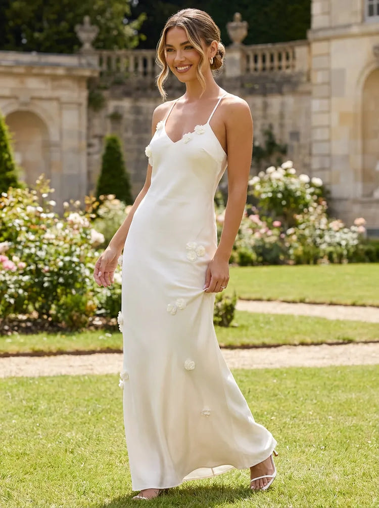 Satin Sheath Spaghetti Straps 3D Flowers Bridesmaid Dresses