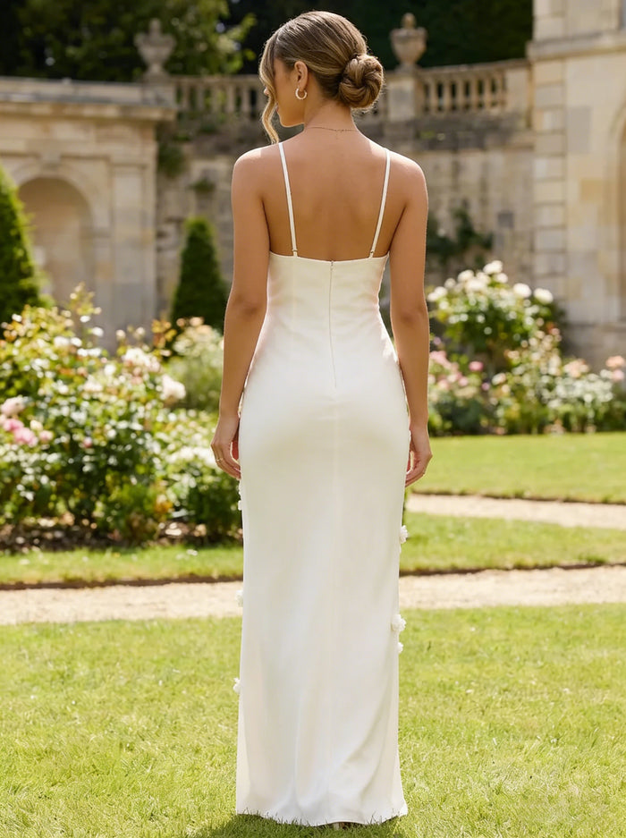 Satin Sheath Spaghetti Straps 3D Flowers Bridesmaid Dresses