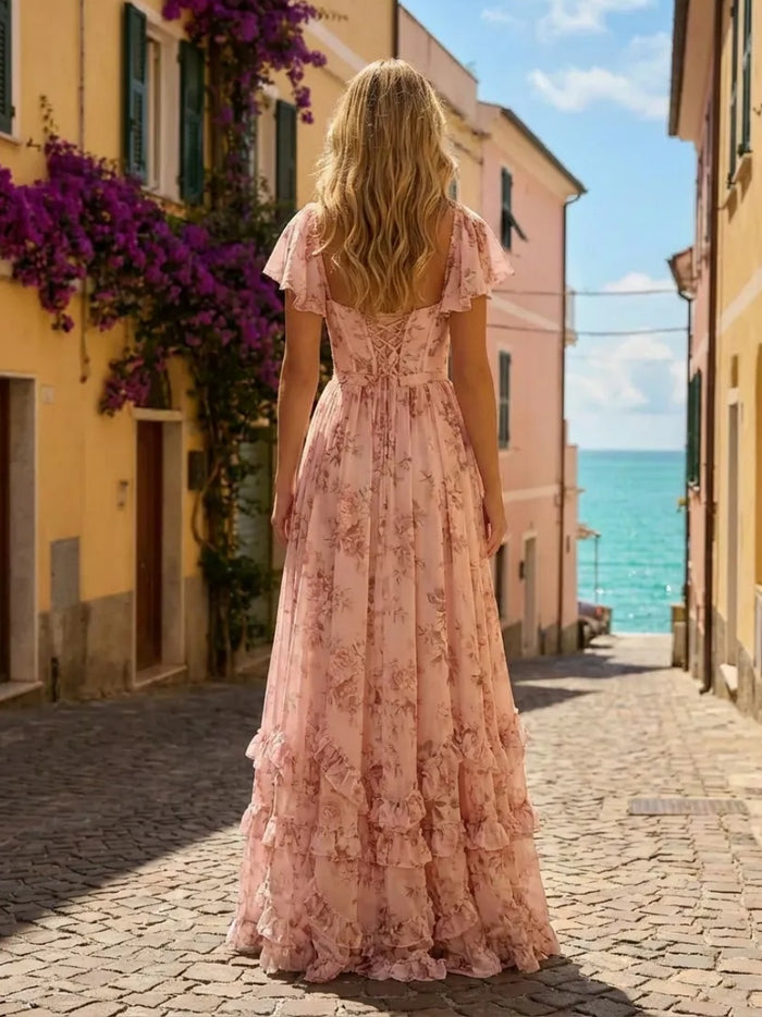 Chiffon A-Line Sweetheart Floral Print Bridesmaid Dresses