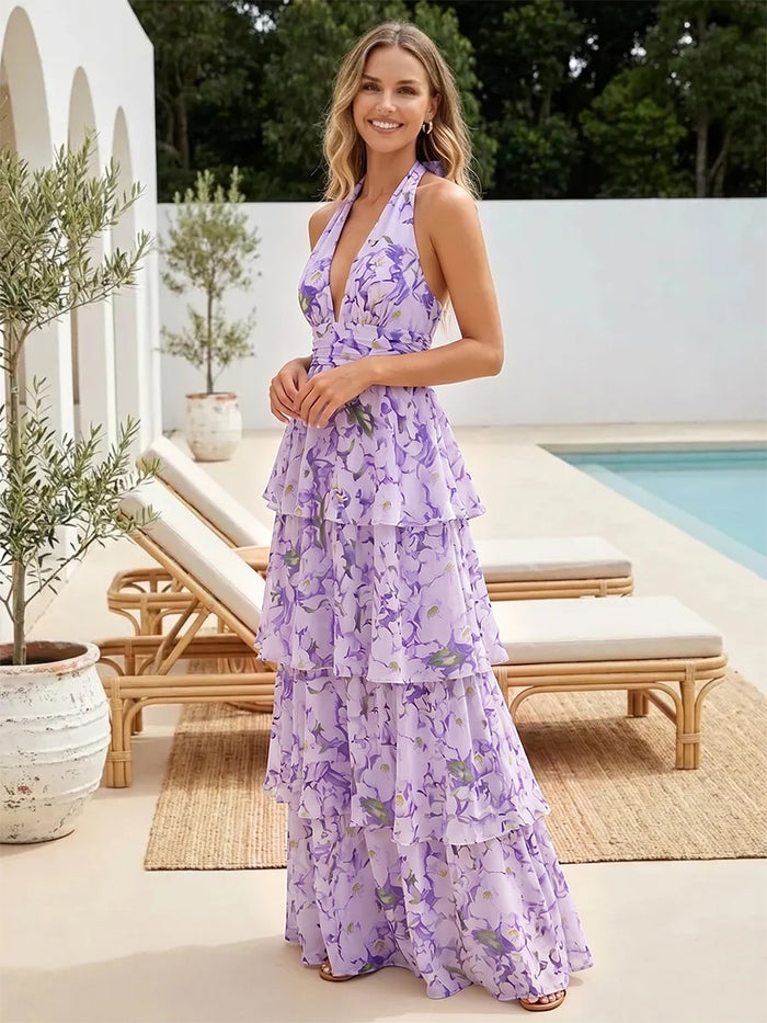 Chiffon A-Line Halter Floral Print Bridesmaid Dresses