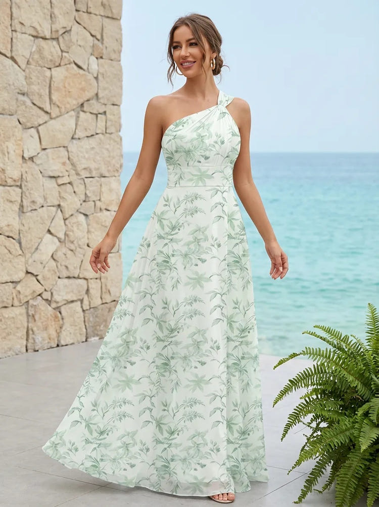 Chiffon A-Line One Shoulder Floral Print Bridesmaid Dresses