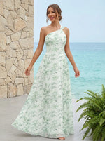 Chiffon A-Line One Shoulder Floral Print Bridesmaid Dresses