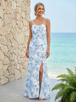 Chiffon Mermaid Spaghetti Straps Floral Print Bridesmaid Dresses