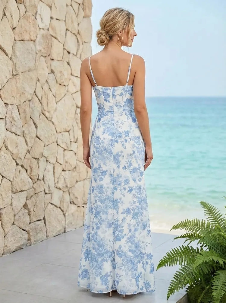 Chiffon Mermaid Spaghetti Straps Floral Print Bridesmaid Dresses