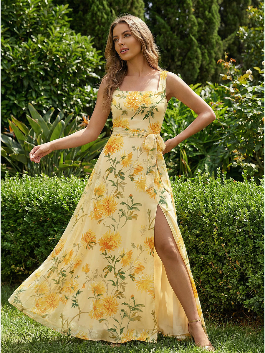 Chiffon A-Line Square Neck Side Slit Bridesmaid Dresses