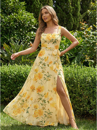 Chiffon A-Line Square Neck Side Slit Bridesmaid Dresses