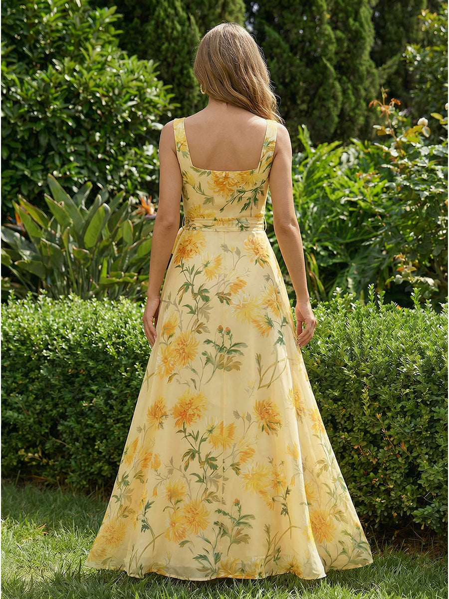 Chiffon A-Line Square Neck Side Slit Bridesmaid Dresses