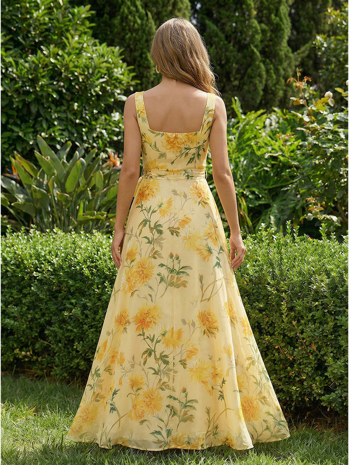 Chiffon A-Line Square Neck Side Slit Bridesmaid Dresses