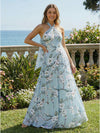 Floral Print Chiffon A-Line Halter Pleated Bridesmaid Dresses