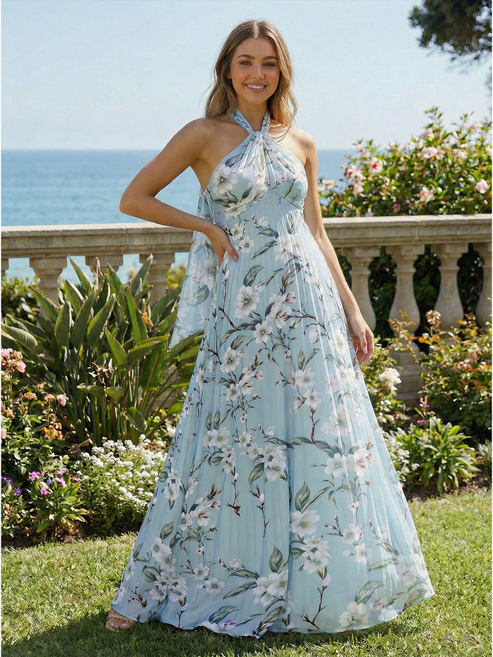 Floral Print Chiffon A-Line Halter Pleated Bridesmaid Dresses