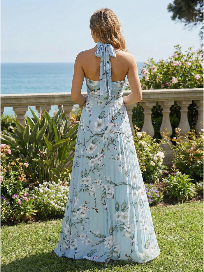 Floral Print Chiffon A-Line Halter Pleated Bridesmaid Dresses