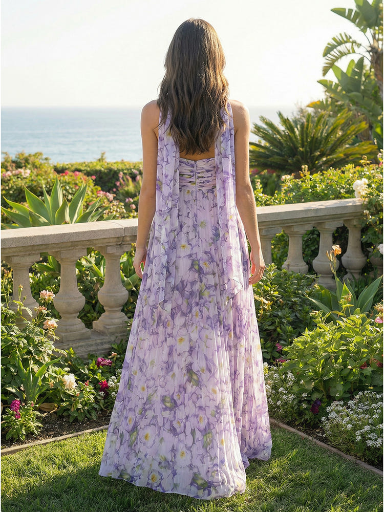 Floral Print Chiffon A-Line Sweetheart Scarf Bridesmaid Dresses