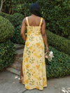 Floral Print Satin A-Line Square Neck Bridesmaid Dresses with Slit