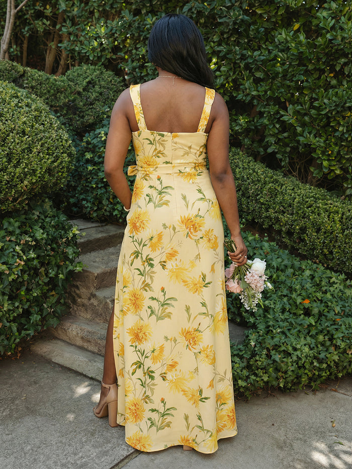 Floral Print Satin A-Line Square Neck Bridesmaid Dresses with Slit