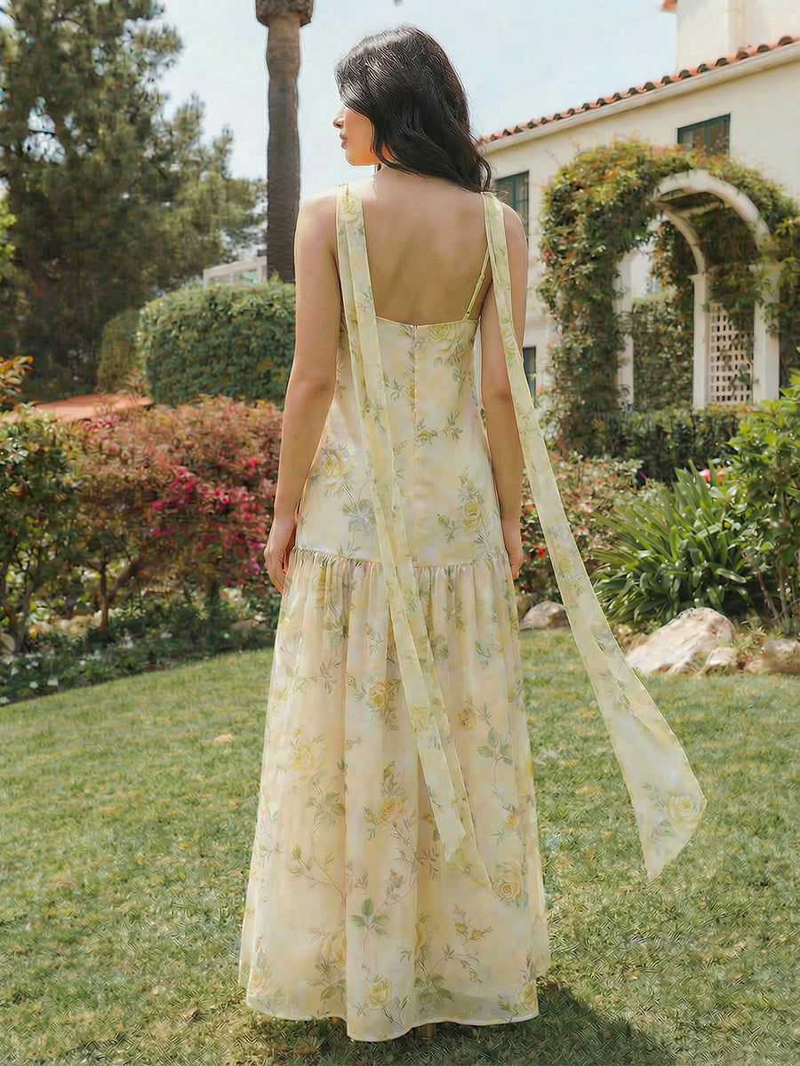 Floral Print Chiffon A-Line Spaghetti Straps Scarf Bridesmaid Dresses