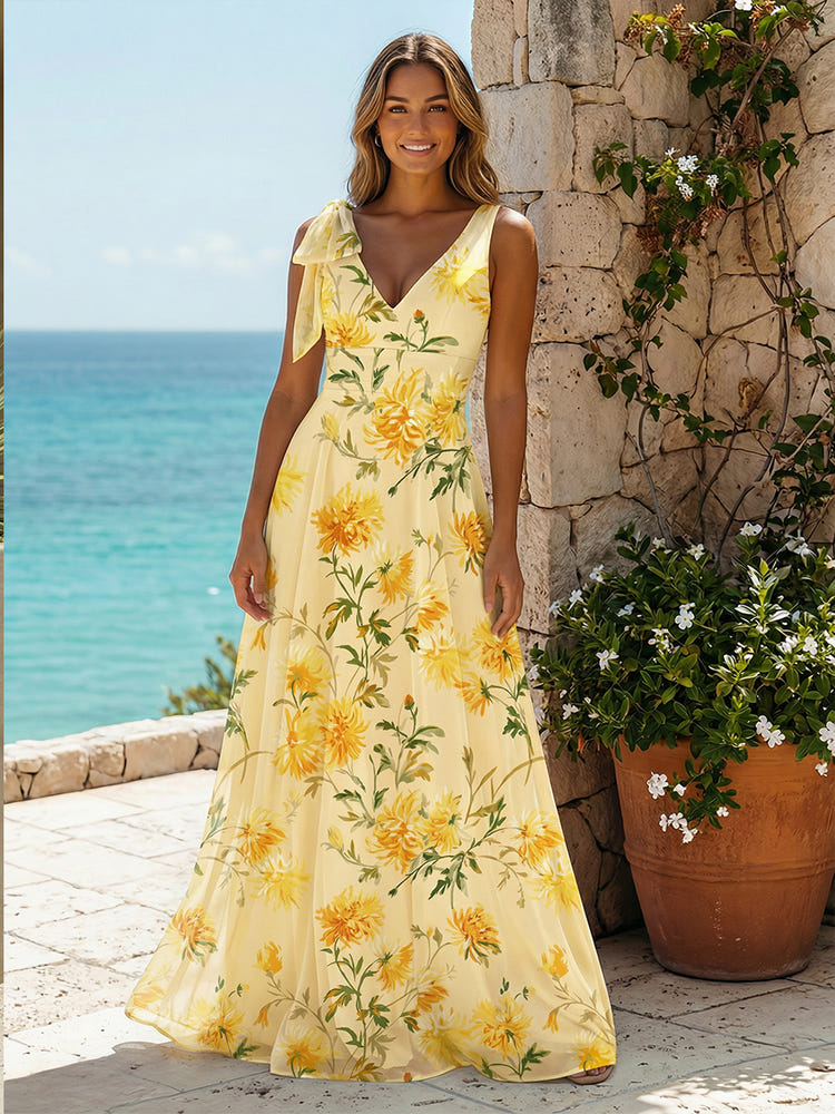 Gracins Yellow Floral Chiffon A-Line V Neck Bow Bridesmaid Dresses 2026