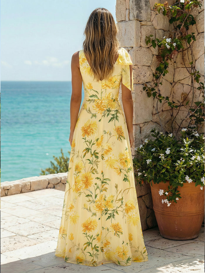 Floral Chiffon A-Line V Neck Bow Bridesmaid Dresses