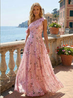 Floral Print A-Line One Shoulder Pleated Bridesmaid Dresses