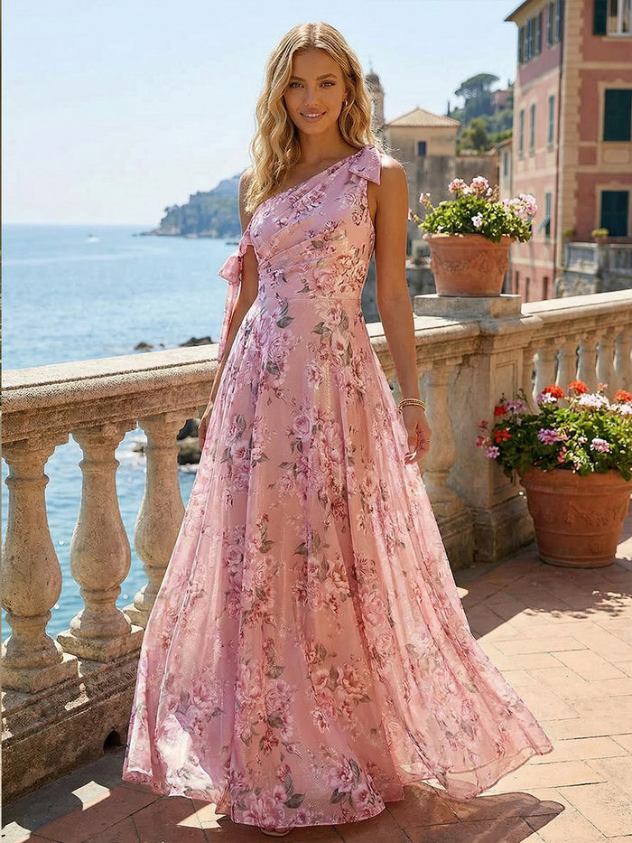 Floral Print A-Line One Shoulder Pleated Bridesmaid Dresses