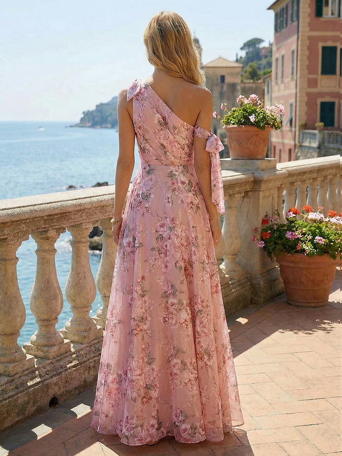 Floral Print A-Line One Shoulder Pleated Bridesmaid Dresses