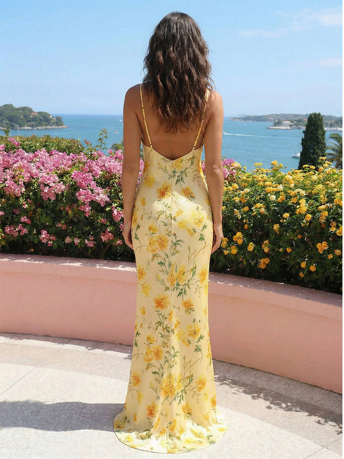 Satin Mermaid Spaghetti Straps Floral Print Bridesmaid Dresses