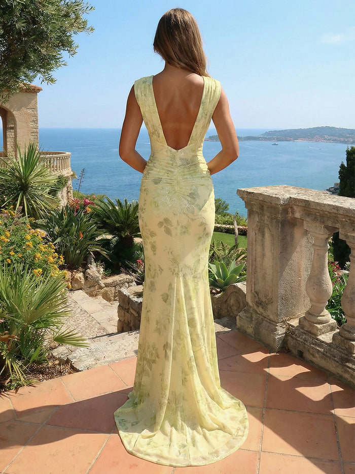 Satin Mermaid V Neck Floral Bridesmaid Dresses