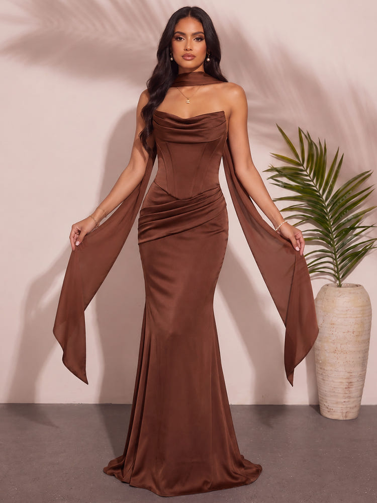 Satin Mermaid Strapless Maxi Bridesmaid Dresses with Scarf
