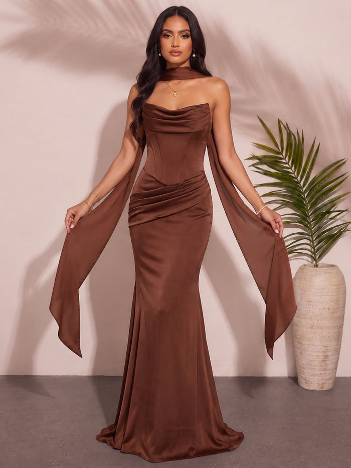 Satin Mermaid Strapless Maxi Bridesmaid Dresses with Scarf
