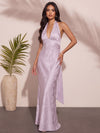 Jacquard Mermaid Halter Neck With Back Bow Tie Maxi Bridesmaid Dresses with Open Back Low‑Cut