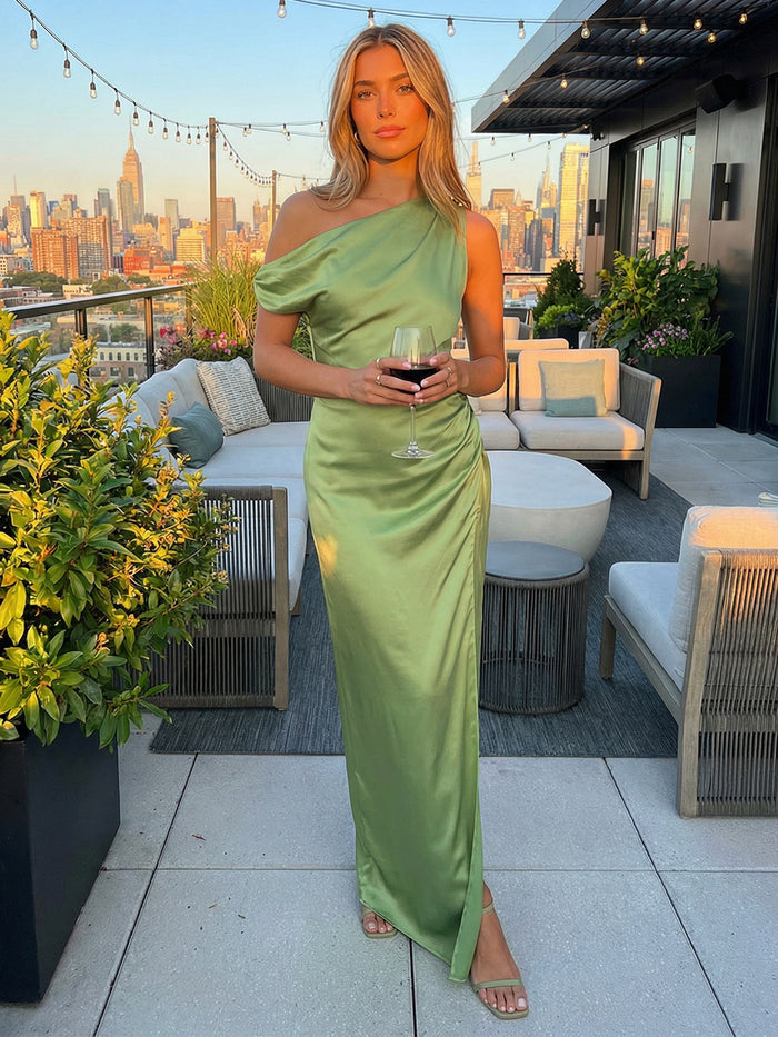 Satin Mermaid One Shoulder Long Wedding Guest Dresses