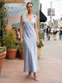 Satin Sheath V Neck Long Wedding Guest Dresses