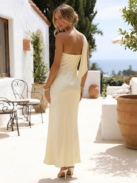 Satin Sheath One Shoulder Long Wedding Guest Dresses