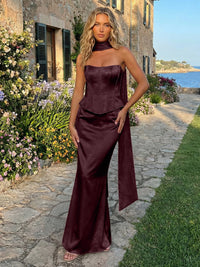 Satin Mermaid Strapless Long Formal Dresses with Scarf