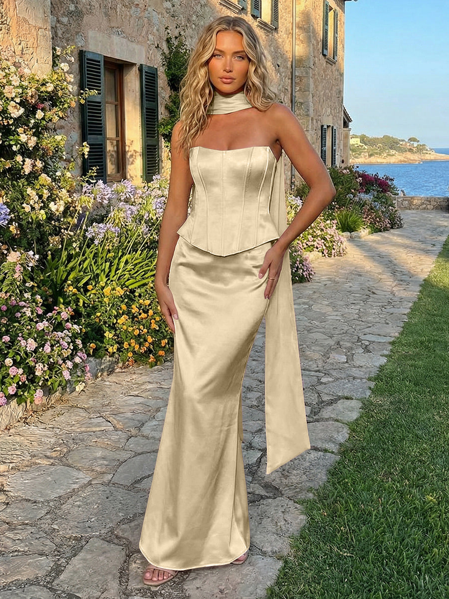 Satin Mermaid Strapless Long Formal Dresses with Scarf
