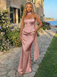 Satin Mermaid Strapless Long Formal Dresses with Scarf