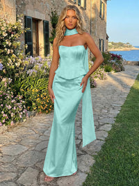 Satin Mermaid Strapless Long Formal Dresses with Scarf