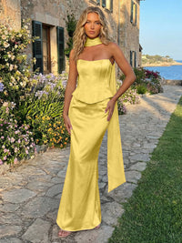Satin Mermaid Strapless Long Formal Dresses with Scarf