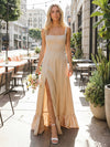 Square Neck Satin Wedding Guest Dress with Slit