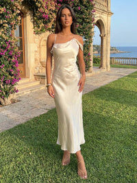 Spaghetti Straps Satin Sheath Wedding Guest Dress